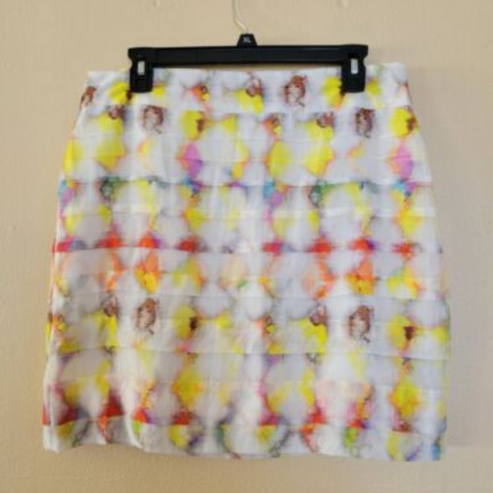 Ann Taylor Ruffle Watercolor Print Silk Mini Skirt Size 10 Multicolor High Rise